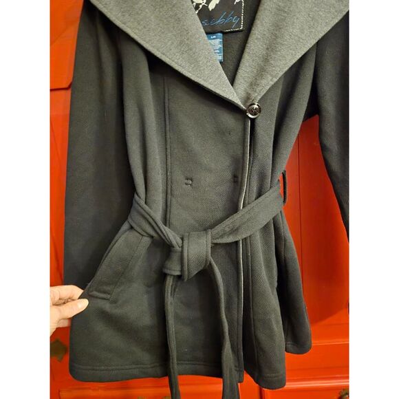 Sebby Large Double Breasted Large Collar Black Grey Short Trech Style Jacket EUC - Picture 3 of 4